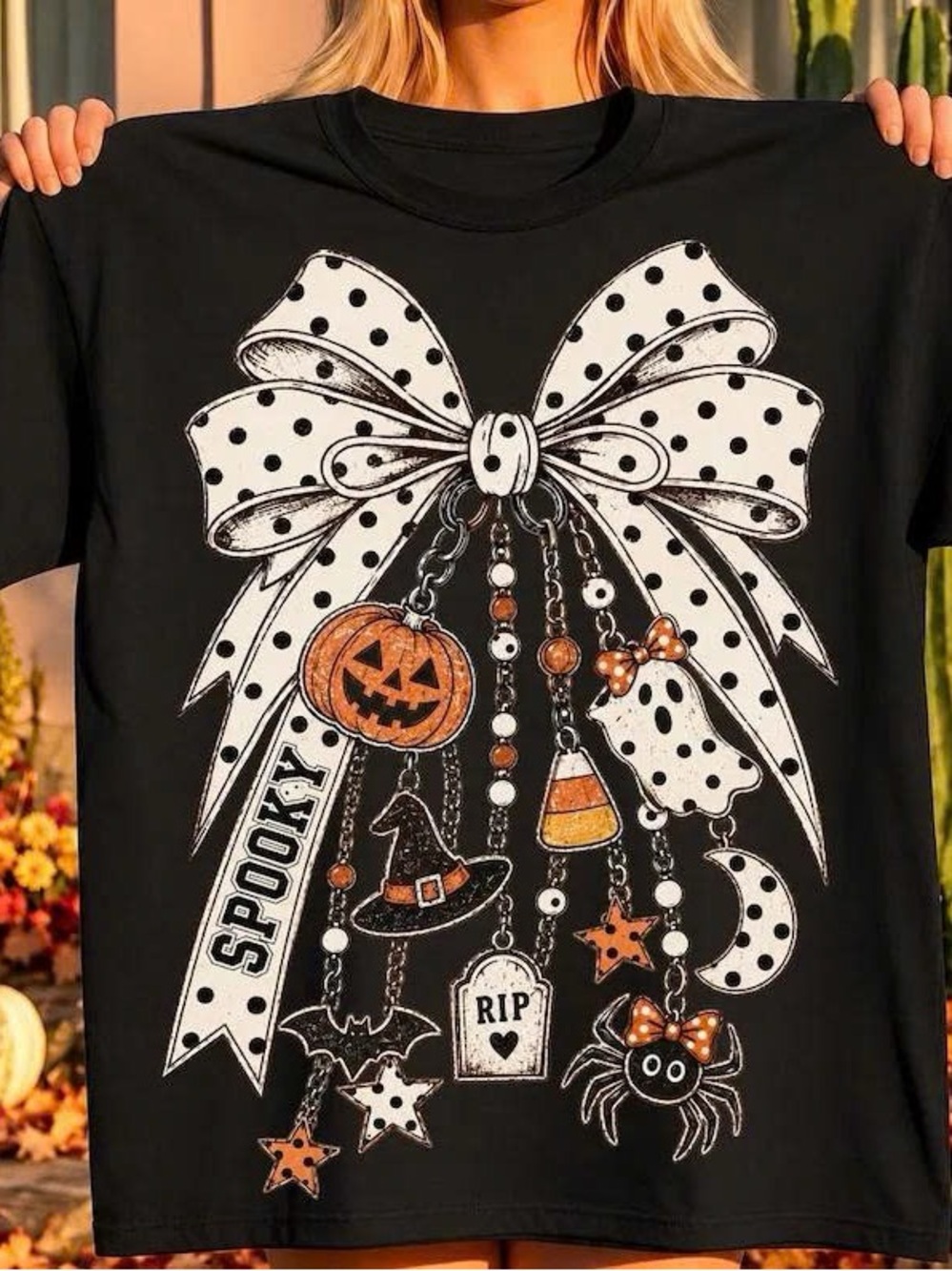 Gildan Black Tee with White Bow and Orange Halloween Charms